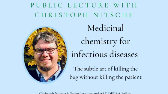 Promotional poster for a public lecture by Christoph Nitsche on medicinal chemistry for infectious diseases, featuring his portrait with a yellow leafy background.