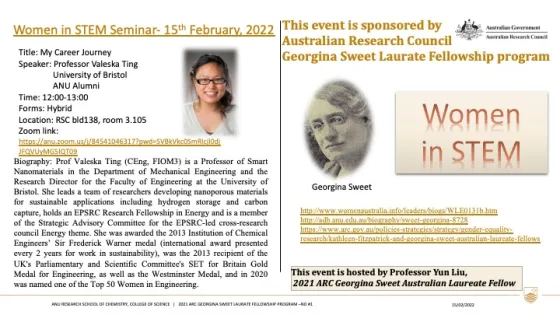 Flyer for a "Women in STEM Seminar" scheduled for February 15th, 2022, featuring Professor Valeska Ting and sponsored by Australian Research Council's Georgina Sweet Laureate Fellowship program.