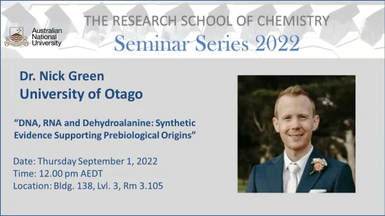 A promotional image for a seminar featuring Dr. Nick Green at the Research School of Chemistry, discussing DNA, RNA, and prebiological origins, scheduled for September 1, 2022, with his portrait on the right.