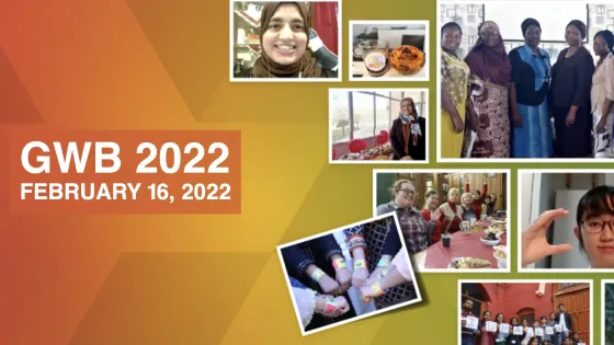 Banner promoting "Global Women's Breakfast 2022" with colorful logo, event details, and a collage of diverse participants from around the world engaging in various activities.